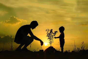 Father and son planting tree, concept of world environment day, Earth Day