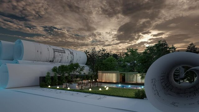 Design of a modern terrace architecture with outdoor dining, garden and pool by sunset - loop-able3D visualization