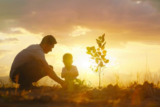 Father and son planting tree, concept of world environment day, Earth Day