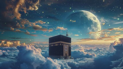 Kaaba with the moon above the clouds