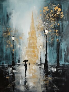 A painting featuring a person standing while holding an umbrella, depicted in vivid colors and intricate details. © pham