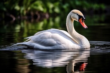 Fototapeta premium Gros plan sur un cygne blanc se baladant sur l'eau » IA générative