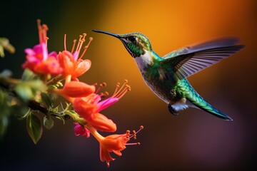 Fototapeta premium Un petit colibri butinant des fleurs colorées » IA générative