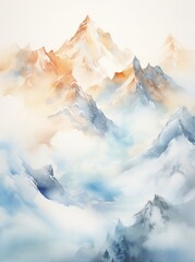 A painting depicting a majestic mountain shrouded in thick, billowing clouds, creating a sense of mystery and grandeur.