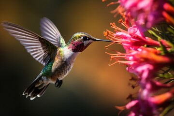 Fototapeta premium Gros plan sur un colibri butinant des fleurs roses » IA générative