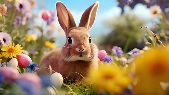 A video clip for use as an Easter background features a rabbit and Easter eggs in a meadow. AI generate