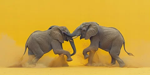 Zelfklevend Fotobehang Majestic Elephants Clashing Tusks Under a Golden Sky Banner © Алинка Пад