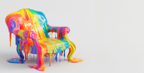 art object chair with stains. with dripping rainbow paint. The chair stands on a white background demonstrating bold solutions in the furniture industry. Modern. Stylish furniture. Abstract vision 