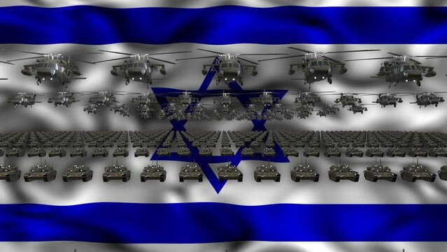 Israel Flag Star of David Overlaid with Tanks and Helicopters Loop