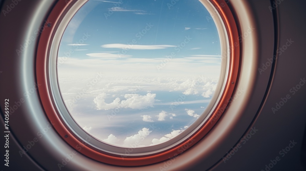 Poster a view of the sky through an airplane window. suitable for travel and transportation concepts