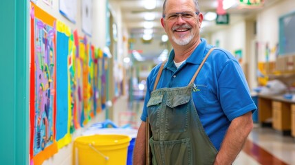 Friendly School Janitor with Cleaning Equipment in Hallway