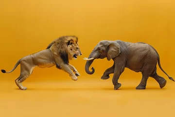 Küchenrückwand glas motiv Roaring Lion Versus Mighty Elephant: A Dynamic Wildlife Banner on a Vibrant Background © Алинка Пад