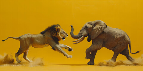 Majestic Showdown: Lion versus Elephant on Vibrant Orange Banner Background