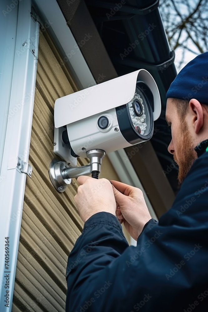 Aufkleber A man installing a security camera on a house. Suitable for security system concepts