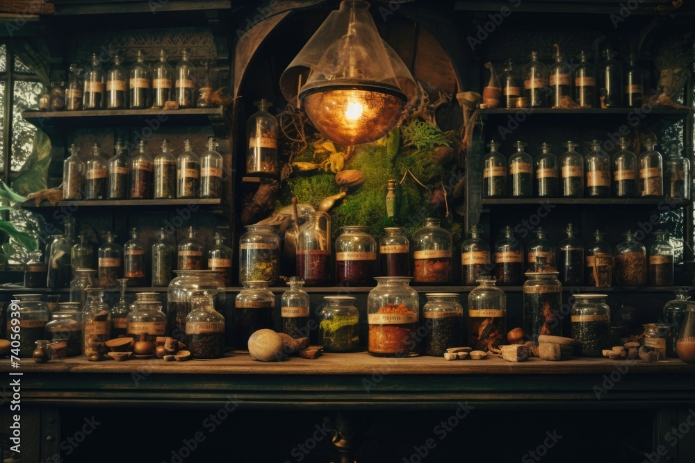 Poster A shelf filled with various jars, suitable for food or storage concepts