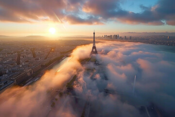 Early morning drone shot of Paris, shrouded in mist