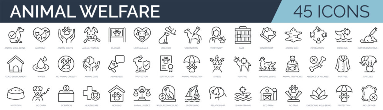 Set of 45 outline icons related to animal welfare. Linear icon collection. Editable stroke. Vector illustration
