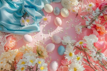 Happy Easter Eggs Basket festive designs. Bunny hopping in flower turquoise green decoration. Adorable hare 3d brimming with joy rabbit illustration. Holy week easter hunt chic card egg relay