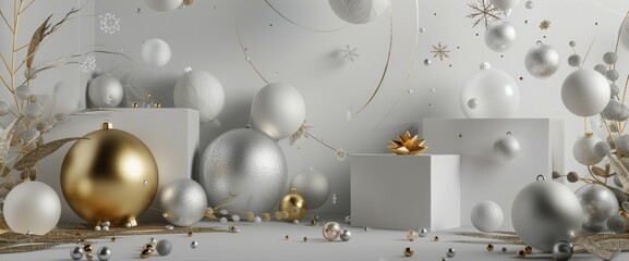 Winter holiday wallpaper. Festive white and gold Christmas ornaments and baubles. Empty glass snow ball isolated on white background Ai generative