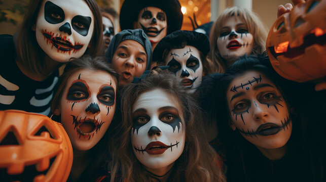 Selfie of group of people of different ages looking into camera, people make funny faces, people dressed in halloween costumes and make-up, halloween concept image. generative ai
