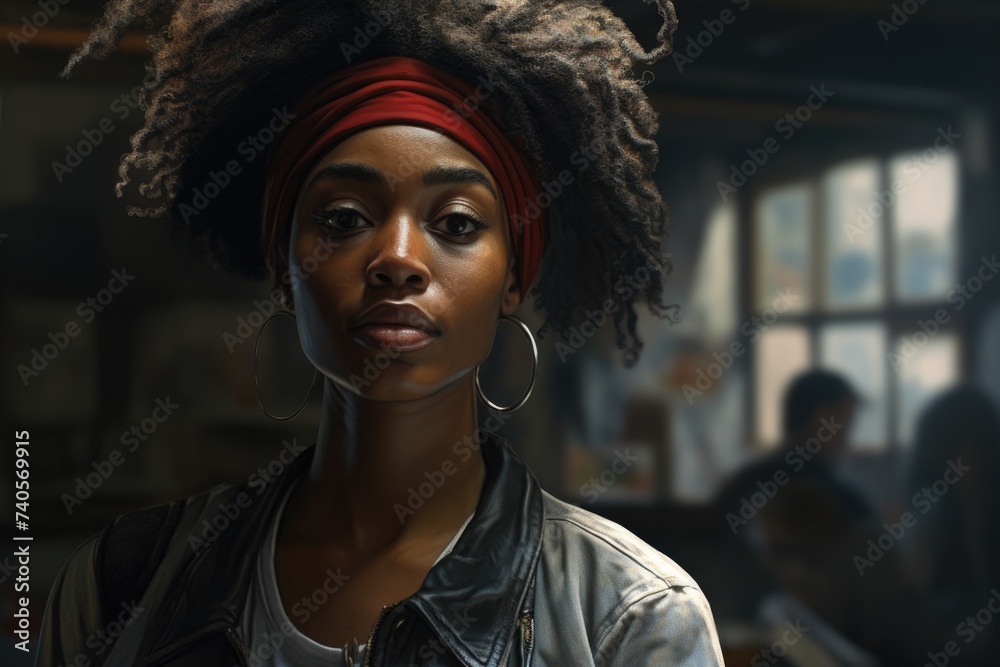 Poster A woman with a red headband standing in front of a window. Suitable for various concepts and designs