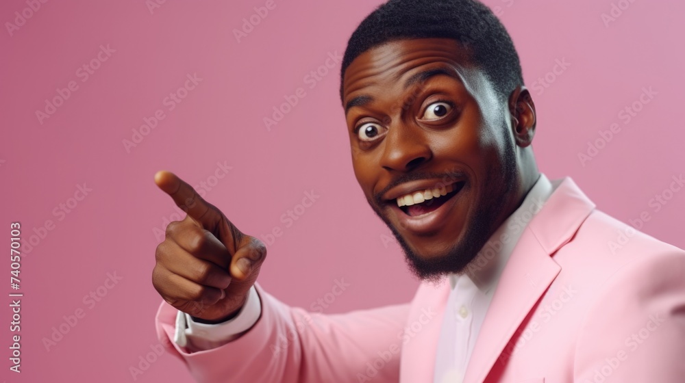 Poster a man in a pink suit pointing. suitable for business concepts