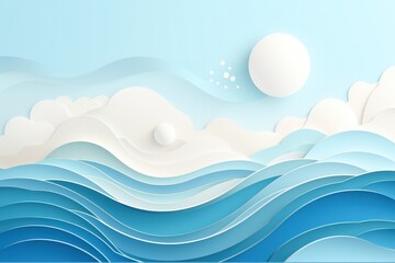 Abstract blue sea summer background, paper cut style