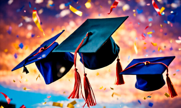 academic caps in the air at graduation. Selective focus.