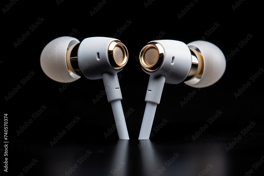 Poster a pair of headphones placed on a table. suitable for technology concepts