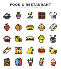 Collection of Food and Restaurant 25 Lineal Color Icons Pack.