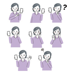 スマートフォンをもったおばあさん　いろんな表情の差分セット