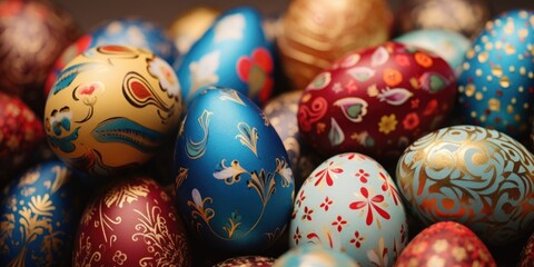 A pile of colorful painted eggs stacked on top of each other. Perfect for Easter and spring-themed designs