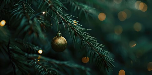 christmas wallpaper background with decorative xmas ball on fir tree - generative AI