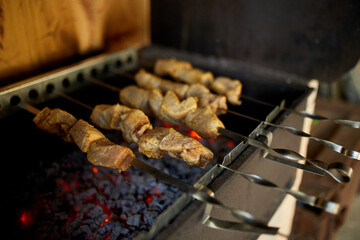Skewers of kebabs cook over the hot coals of a barbecue grill in a home backyard setting,...