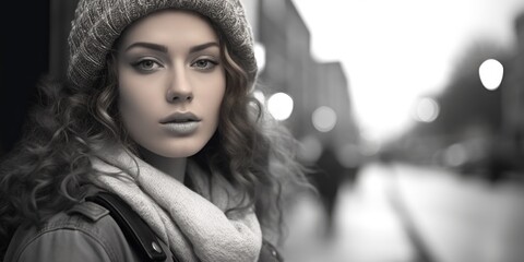 A woman wearing a hat and scarf walking on a city street. Suitable for fashion or urban lifestyle concepts