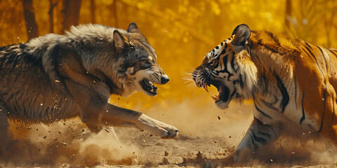 Epic Showdown: Fierce Wolf Vs Tiger Clash Banner in Autumn-Hued Wild Splendor