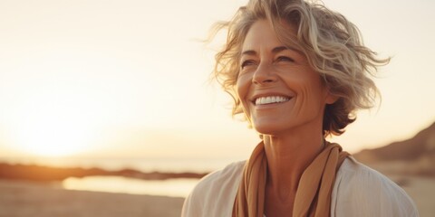 Woman enjoying sunset on the beach, perfect for travel ads