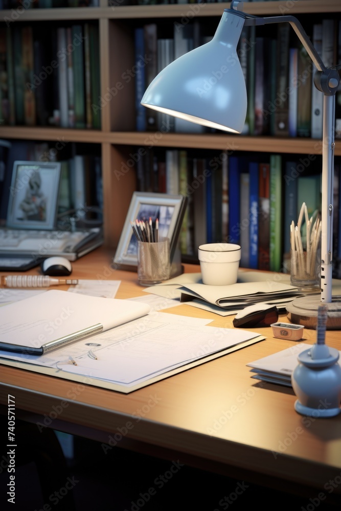 Poster a desk with a lamp and a laptop, suitable for office or workspace concepts