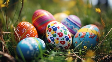 Fototapeta na wymiar Colorful Easter eggs scattered in green grass. Perfect for Easter holiday designs