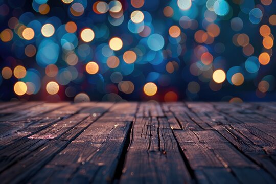 empty brown wooden floor or wood board table with blurred abstract night light bokeh background, copy space for display of product or object presentation, Generative AI 