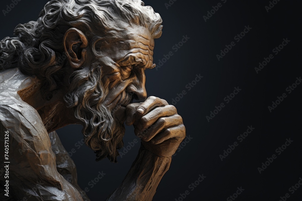 Poster detailed close up of a statue depicting a man with a beard. suitable for historical or artistic proj