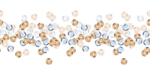 Sewing sequins. Seamless glitter pattern. Horizontal border made of sewing accessories for embroidery on clothes. Watercolor illustration for background design, packaging, textiles