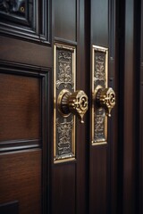 Detailed shot of a door handle on a wooden door. Suitable for home improvement projects