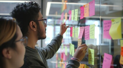 Businessman planning and strategy brainstorming working with post its on glass wall.