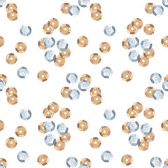 Sewing sequins. Seamless glitter pattern. Ornament from sewing accessories for embroidery on clothes. Watercolor illustration for background design, packaging, textiles