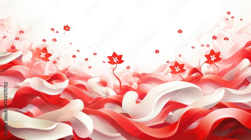 Poster a vibrant red and white background with flowers and ribbons. perfect for various design projects