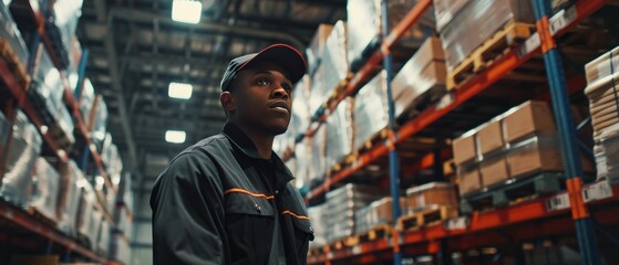 Worker man checklist goods at the warehouse. - obrazy, fototapety, plakaty