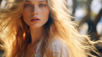 Fototapeta premium A woman with long blonde hair posing for a picture. Suitable for lifestyle and fashion concepts