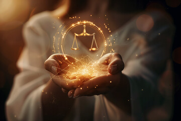 Close up image of female hands holding justice scales with sparks and bokeh effect - obrazy, fototapety, plakaty