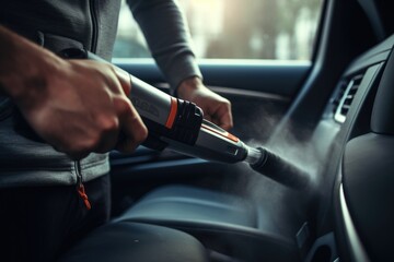 Person using a steam cleaner to clean a car. Perfect for automotive industry promotions